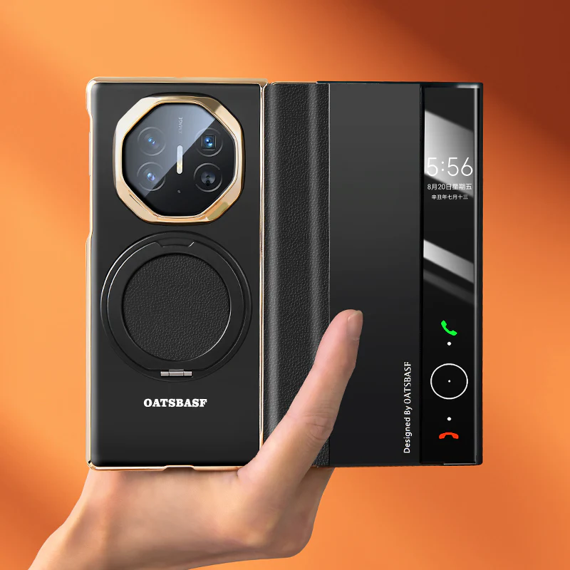 Oatsbasf Metal + Genuine Leather Smart Clear View Flip Cover MagSafe Bracket Case