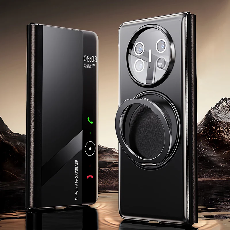 Oatsbasf Metal + Genuine Leather Smart Clear View Flip Cover MagSafe Bracket Case