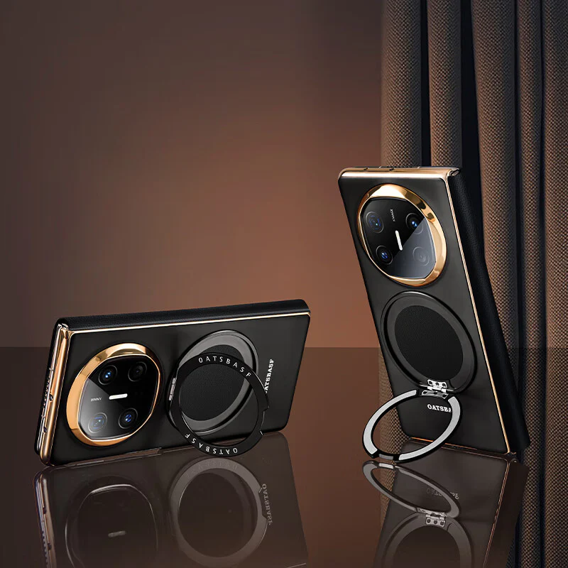 Oatsbasf Metal + Genuine Leather Smart Clear View Flip Cover MagSafe Bracket Case