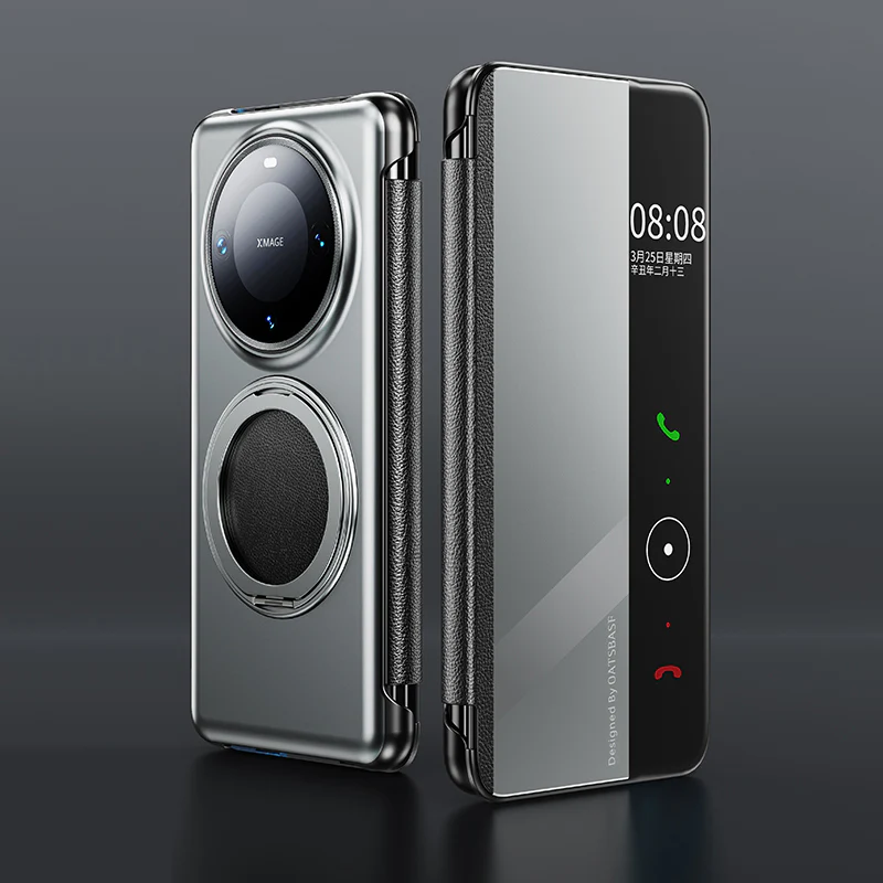 Oatsbasf Metal + Genuine Leather Smart Clear View Flip Cover MagSafe Bracket Case