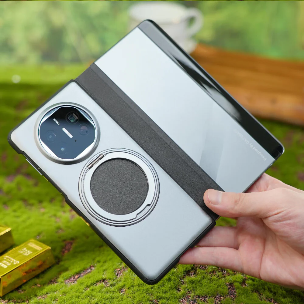 Oatsbasf Metal + Genuine Leather Smart Clear View Flip Cover MagSafe Bracket Case