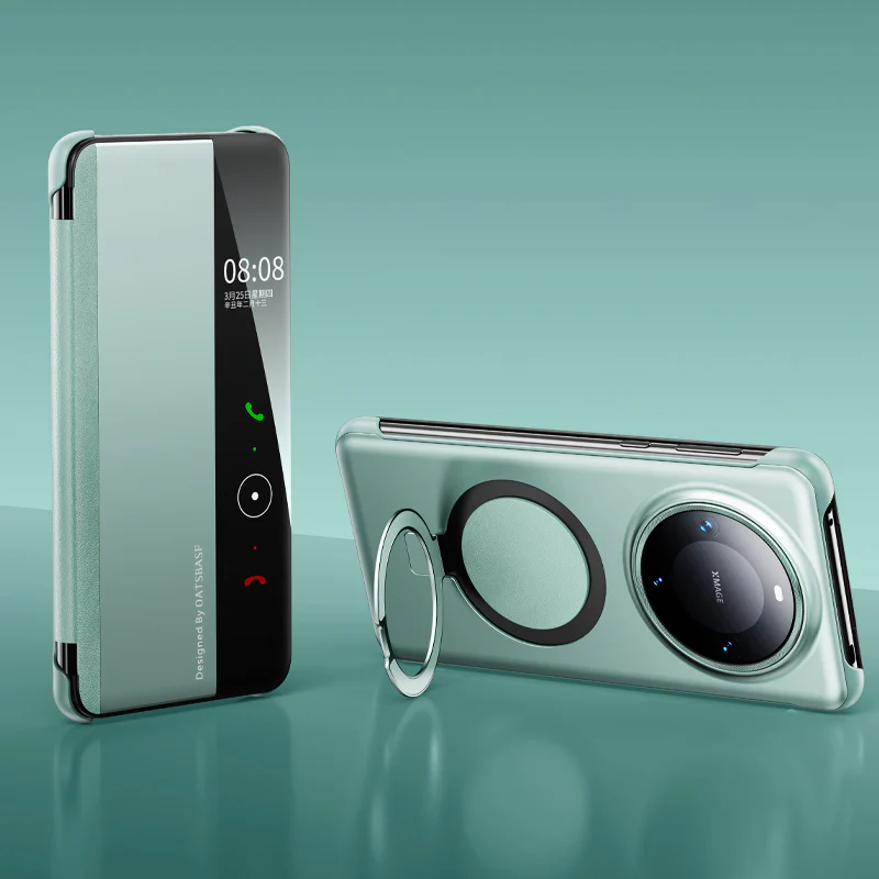 Oatsbasf Metal + Genuine Leather Smart Clear View Flip Cover MagSafe Bracket Case