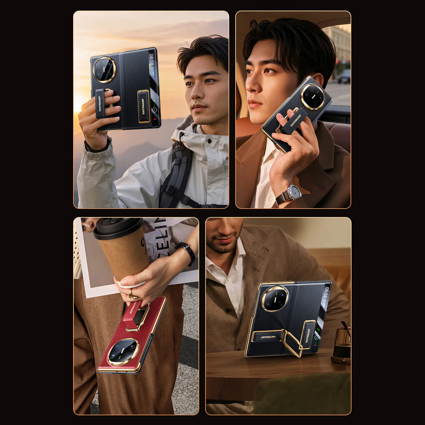 Oatsbasf 360° Rotatable Kickstand Strap Wristband Shockproof Leather Case Cover